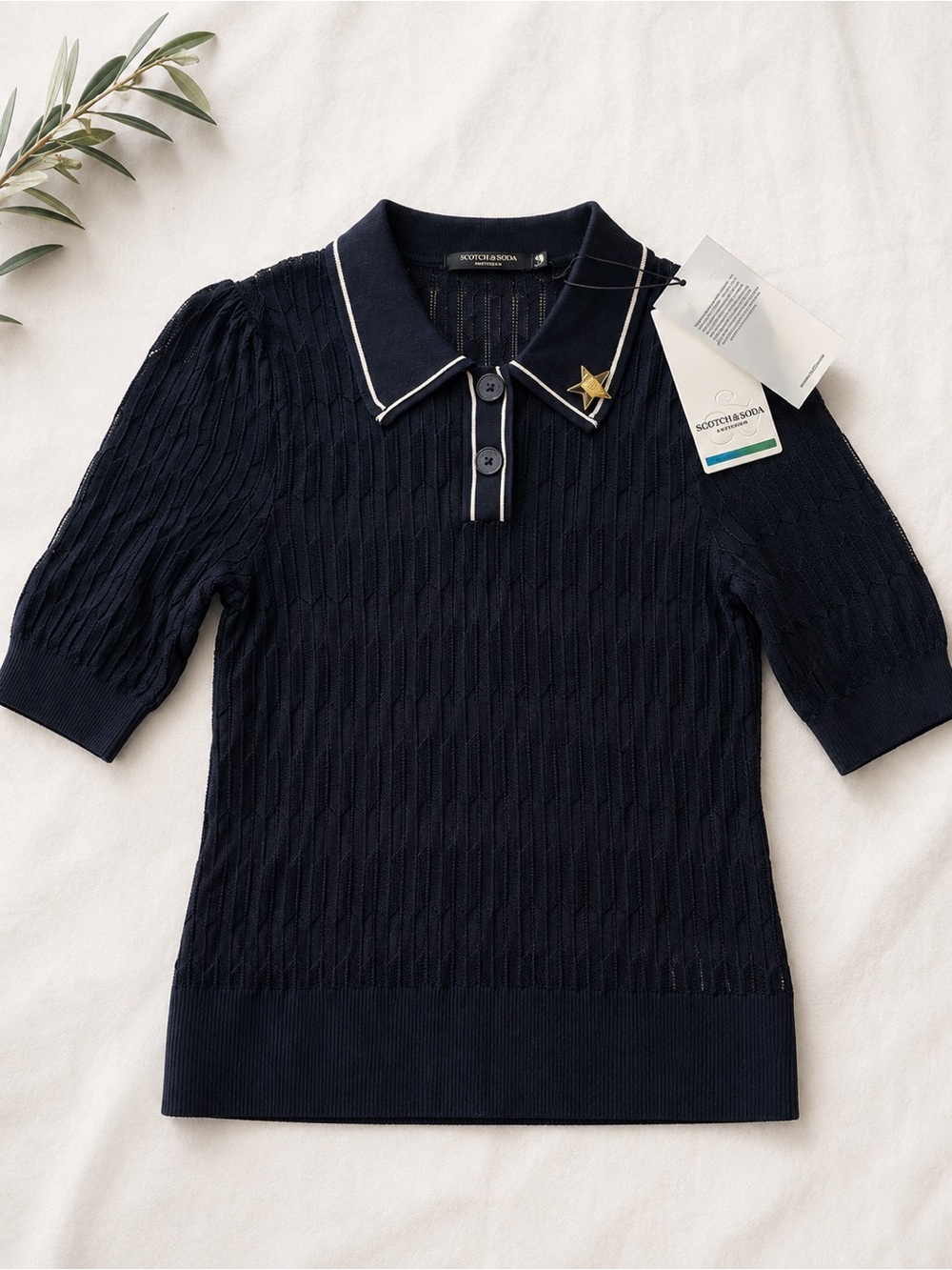 Scotch & Soda Navy Polo Knit Top with White Trim and Star Pin